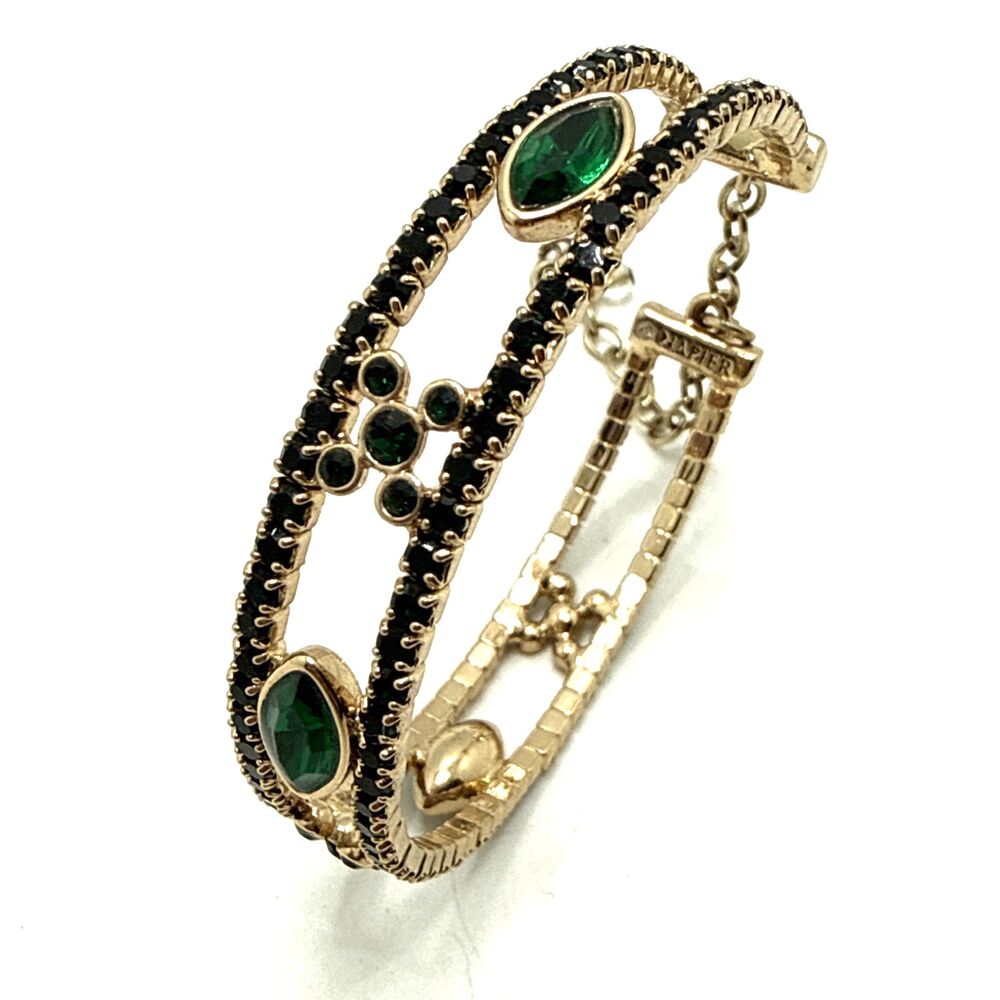 Vintage NAPIER Green Rhinestone Bangle Bracelet Gold Tone Statement 7.5"